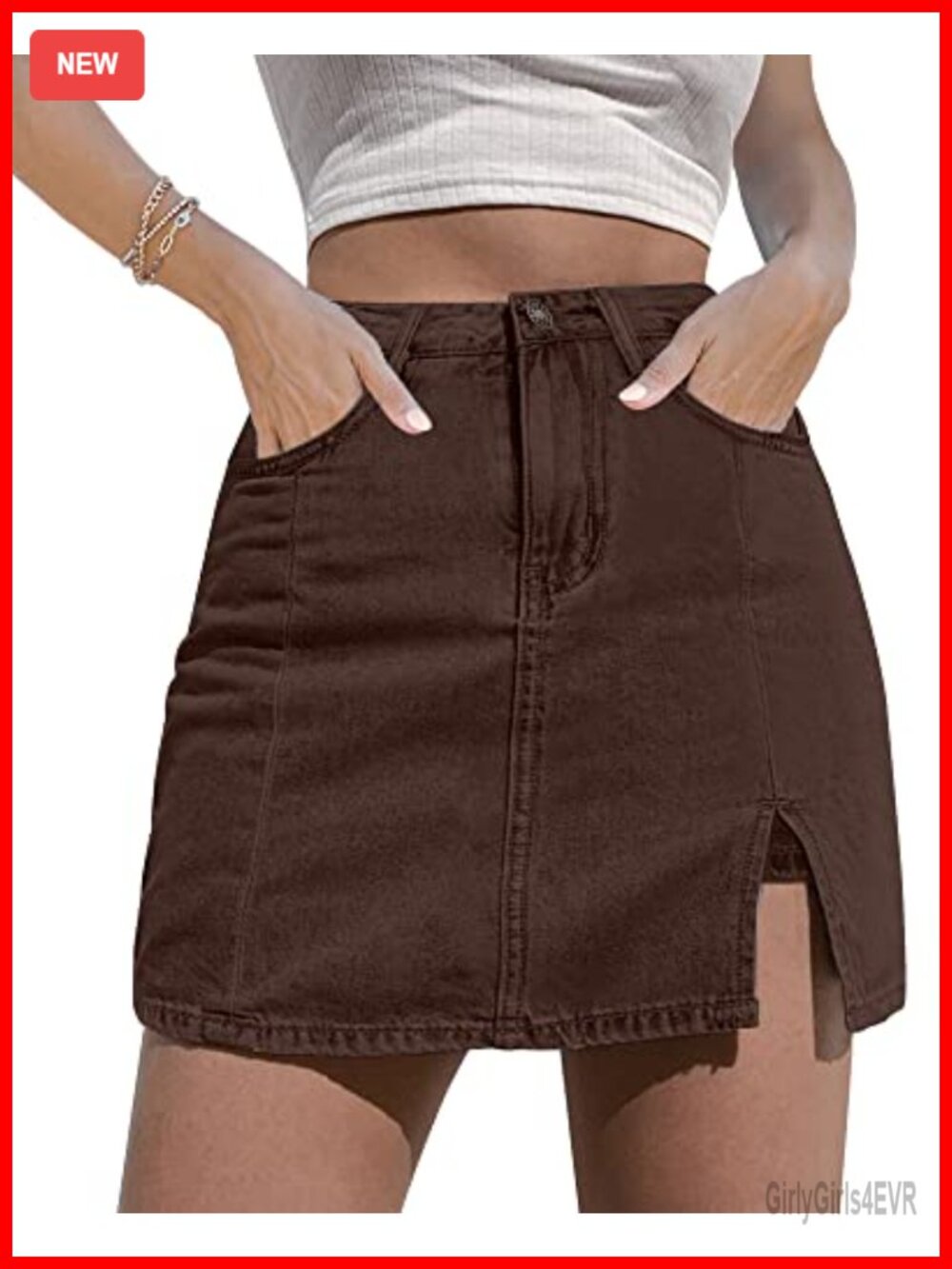 High Waisted Stretchy Denim Mini Skort with Side Slit